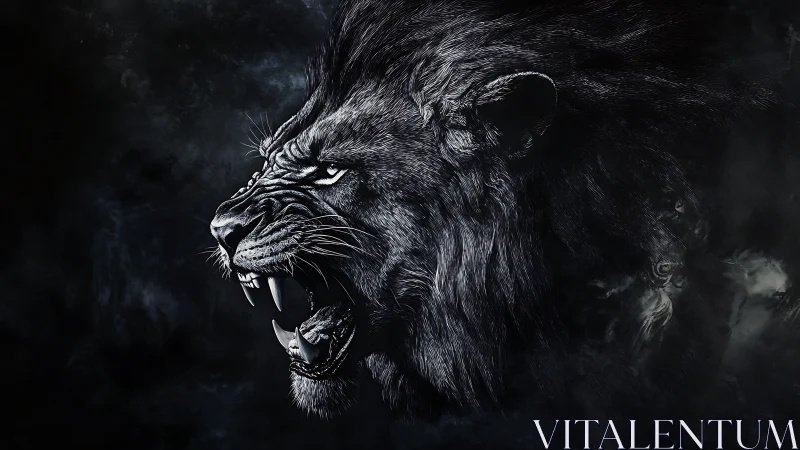 Roaring lion emerges from shadowed smoke in monochrome fury.