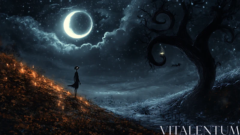 Solitary figure under crescent moon in eerie nightscape.