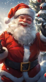 Santa Claus stands outdoors in snow beside decorated tree