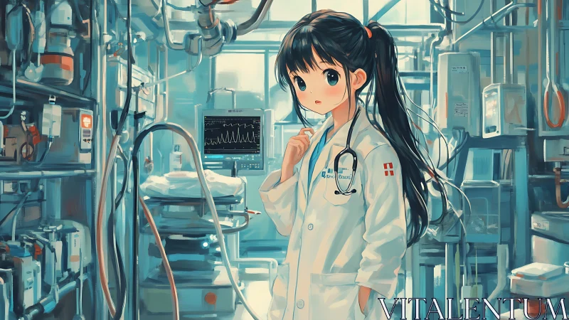 Analytical anime clinician in densely instrumented ICU lab.