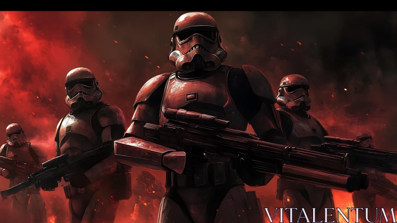 Armored sci fi soldiers advance through a blazing warzone