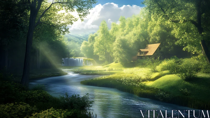 Sunlit forest hideaway by a calm river and soft falls.