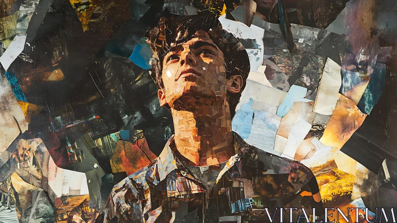 Collage portrait of a young man gazing upward in fragmented light.