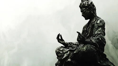 Silent bronze sage listens to invisible storms within mist