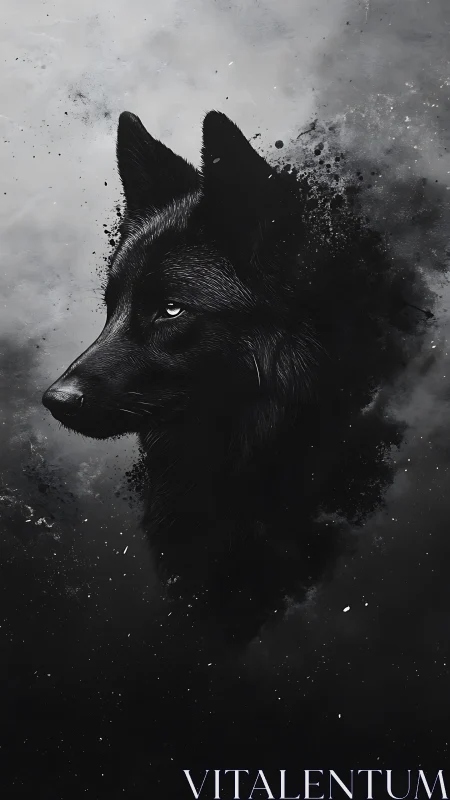 Black wolf portrait dissolves into abstract ink nebula