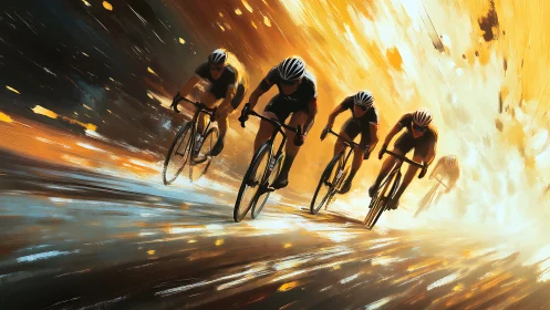 Racing cyclists surge forward through blazing golden light