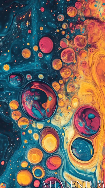 Abstract circular forms interact within fluid multicolor field