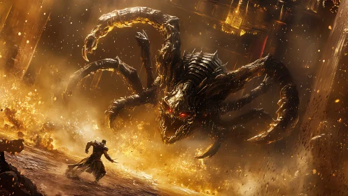 Infernal titan spider descends upon lone blazing warrior.