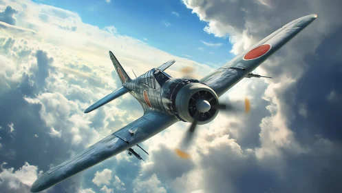 Single propeller warplane cuts through sunlit cumulonimbus cloudbank