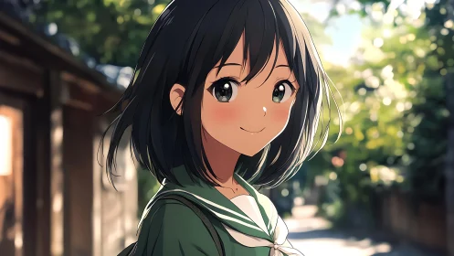 Sunlit anime schoolgirl smiles along a quiet garden path.