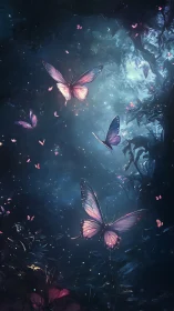 Bioluminescent butterflies drift through volumetric moonlit forest air
