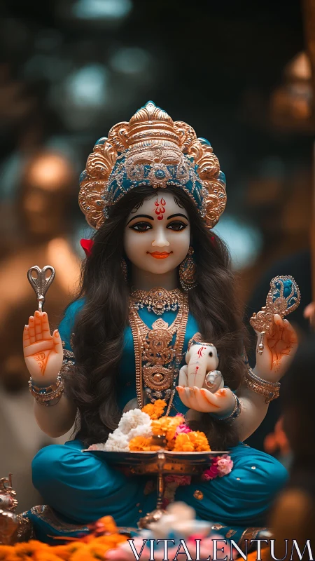 Highly detailed deity statue in blue attire with ornate gold crown