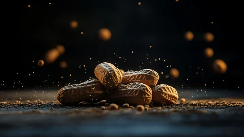 Rustic peanuts rest under warm light in a dramatic sprinkle