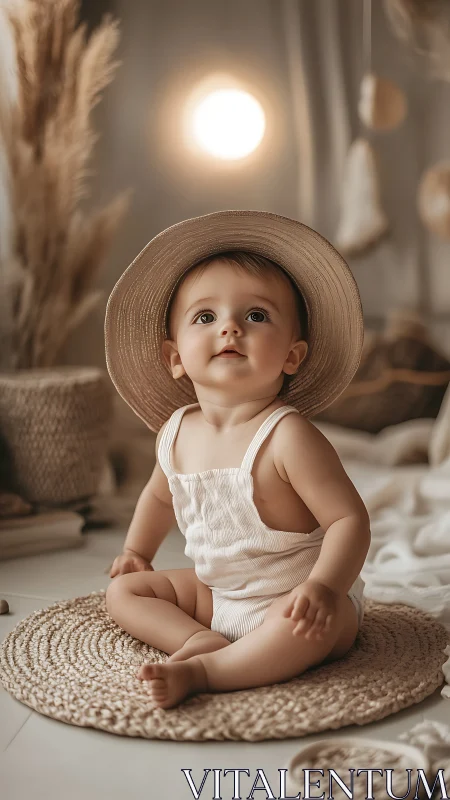 Toddler in Woven Hat Seated on Textured Circular Mat.
