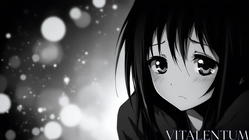 Softly worried anime girl amid drifting grayscale bokeh glow.
