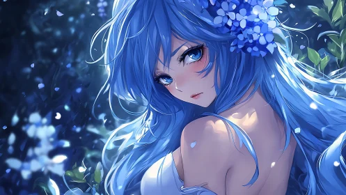 Blue haired anime girl in nocturnal floral bokeh environment