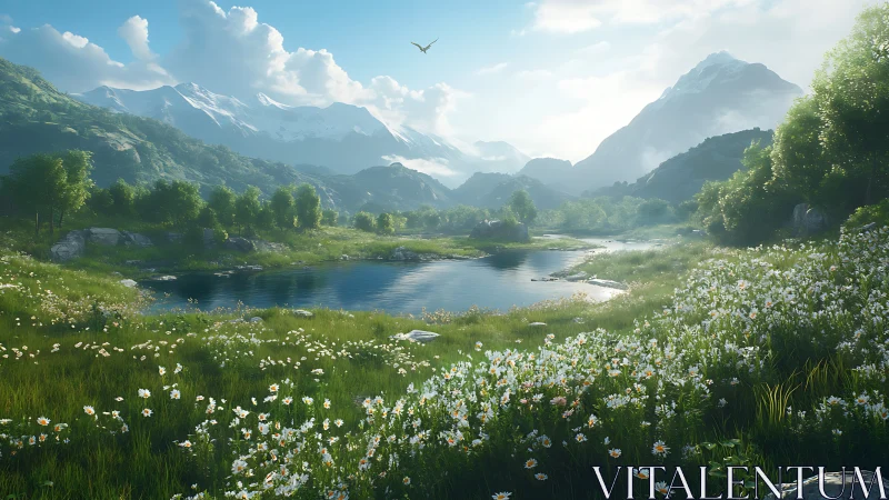 Mountain valley lake with wildflower meadow in daylight.