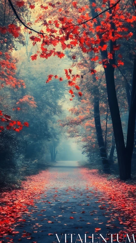 Crimson canopy envelops misty woodland path.