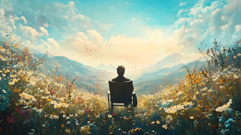 Quiet soul enjoys sunrise over wildflower mountain valley