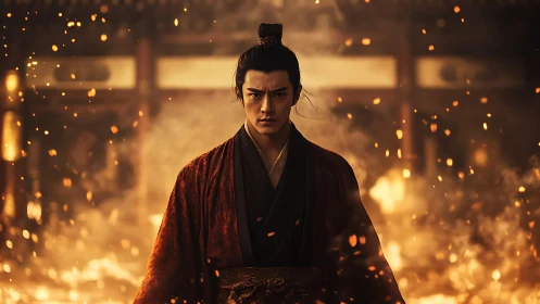 Warrior in ember-lit robes walking through a rising firestorm.