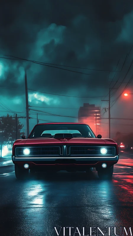 Midnight muscle car glows against a moody neon city street