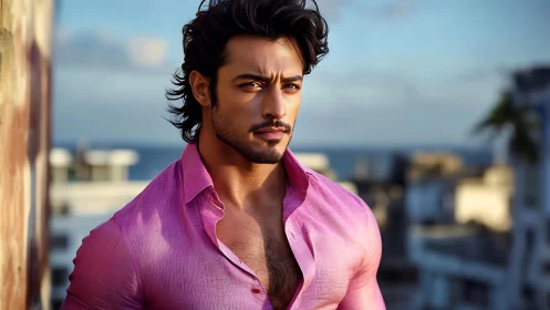 Sunlit rooftop portrait of a confident man in pink shirt.