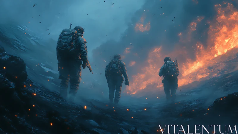 Tactical squad advancing through volcanic firestorm haze.