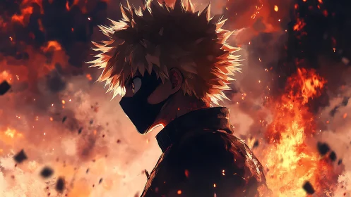 Masked anime fighter stands defiant amid swirling inferno.