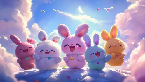 Cloud-top cuddle party with pastel bunnies in bright sky.