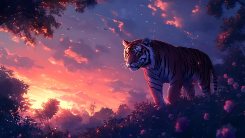 Tiger surveys dusk hillside under saturated volumetric sunset sky