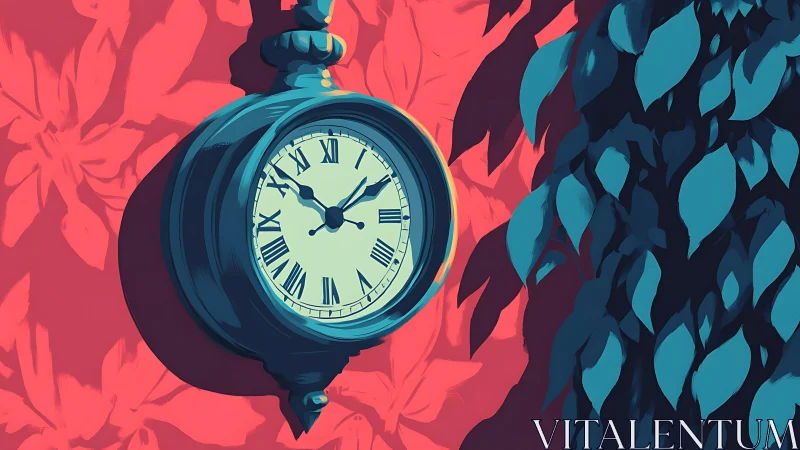 Vintage garden clock glowing softly against vivid leaves.