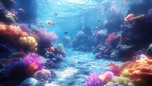 Digital painting of sunlit coral reef corridor with vivid fauna.