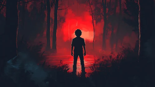 Silhouetted figure stands by reflective water in red forest