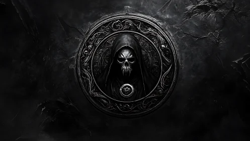 Grim medallion whispers through the void with carved dread