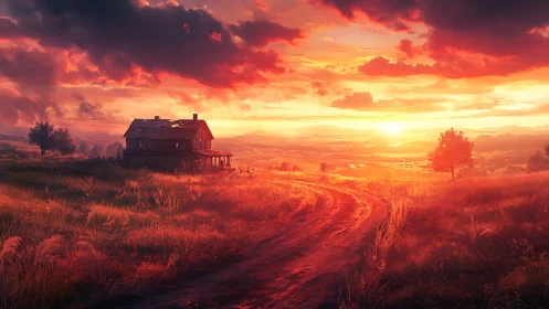 Digital painting of rural sunset path and abandoned farmhouse composition.