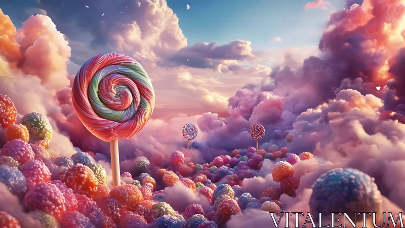 Surreal Candy Landscape with Spiral Lollipop and Cotton Candy Sky.