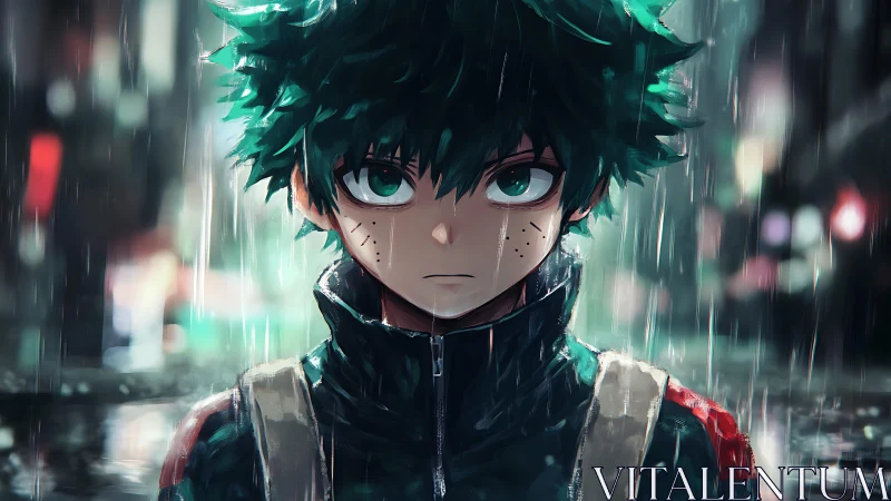Green haired anime boy standing in rainy city street at night.