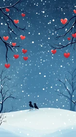 Winter Solitude: Two Birds Under Falling Hearts and Snow