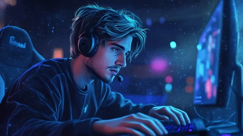 Focused esports gamer in neon blue cyber gaming setup.