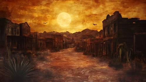 Deserted western town under oversized sun with textured sepia grading