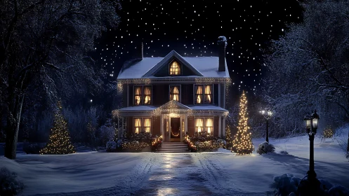 Snow-covered Victorian house with warm festive lighting at night