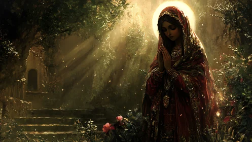 Golden backlit prayer figure stands in ornate forest sanctuary