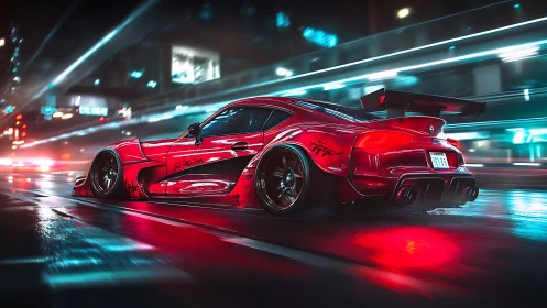 Neon-soaked red drift car slicing through rainy city streets.