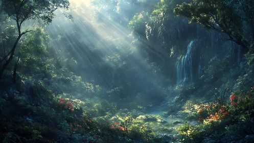 Enchanted Forest Canyon with Cascading Waterfall and Divine Light.