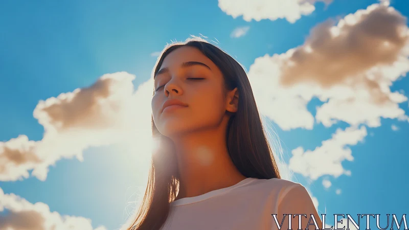 Young person under bright sky with backlit cloud forms.