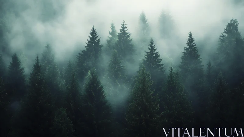 Misty Coniferous Forest Landscape with Layered Pine Trees.