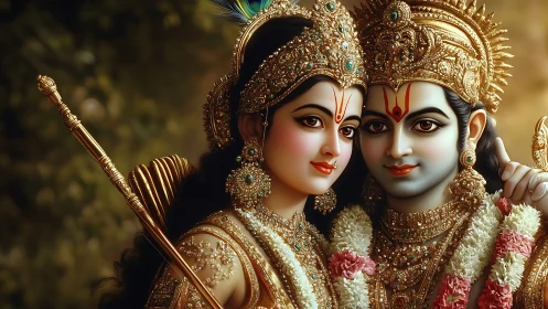 High-detail divine couple portrait with ornate golden regalia