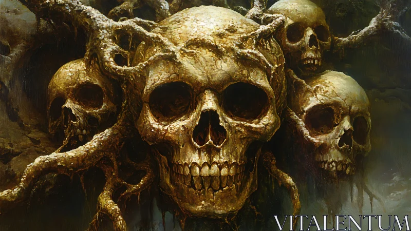 Root-entwined skull cluster rendered in dark fantasy detail
