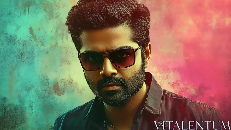 Portrait shows man in sunglasses against teal and pink backdrop