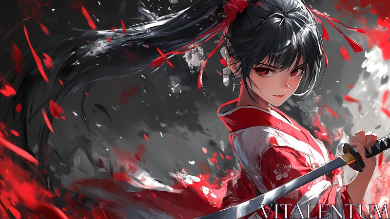 Crimson-eyed samurai maiden cleaves silence in scarlet storm.